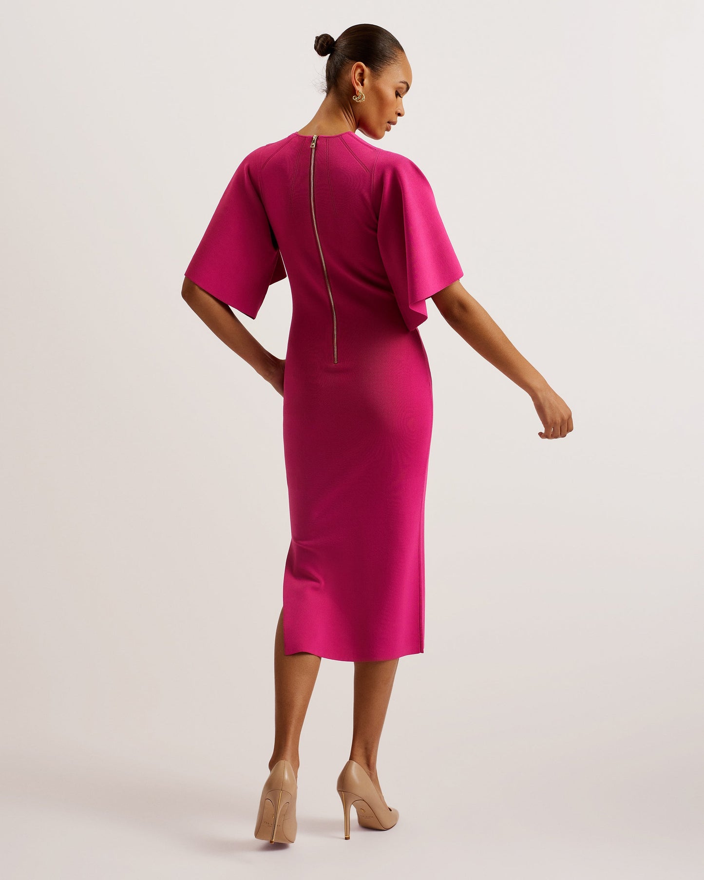 Women's Lounia-Fluted Sleeve Knit Bodycon Midi Dress Brt-Pink