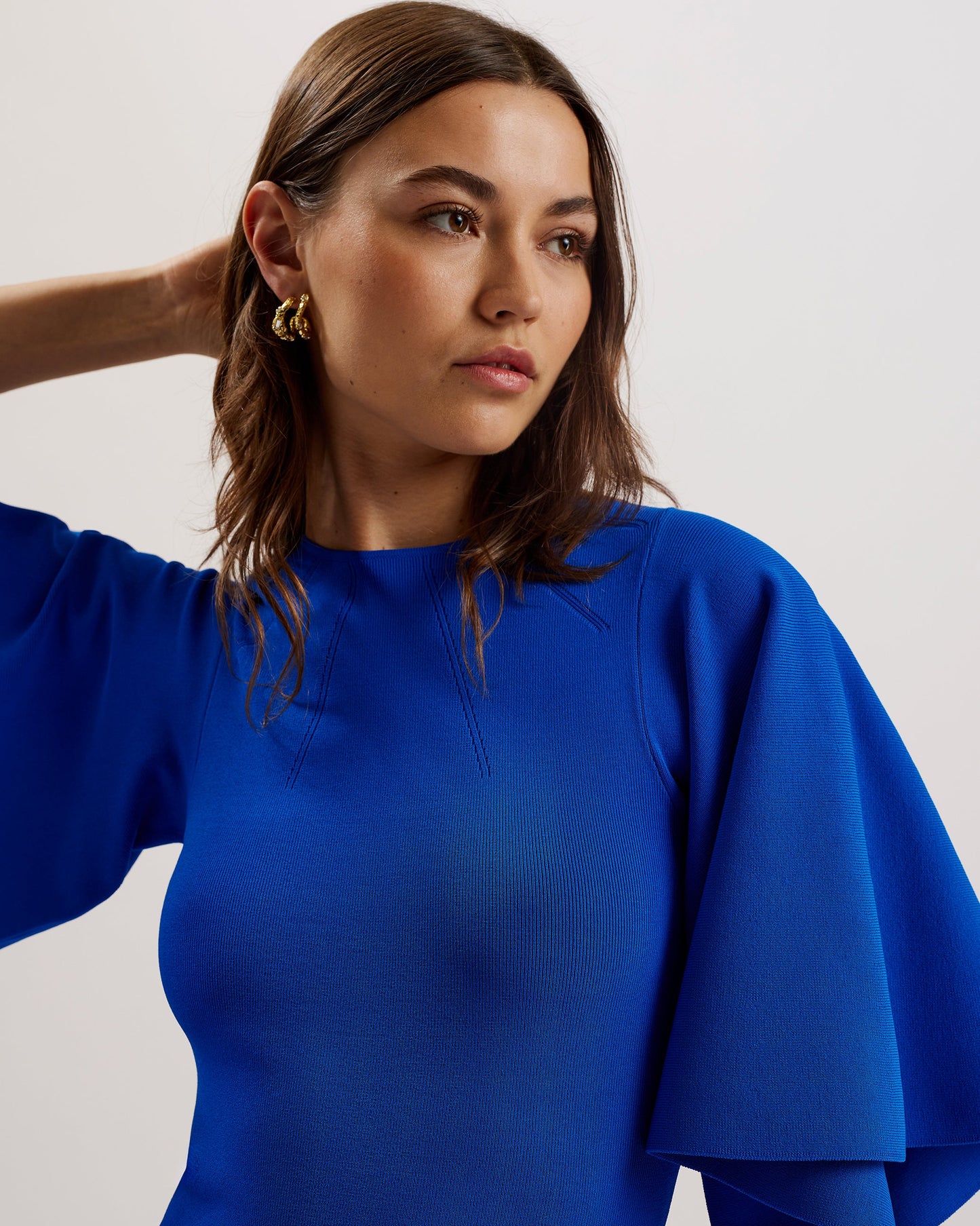 Women's Lounia-Fluted Sleeve Knit Bodycon Midi Dress Mid-Blue
