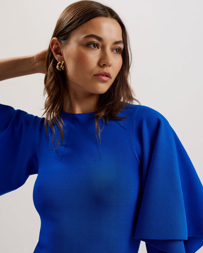 Women's Lounia-Fluted Sleeve Knit Bodycon Midi Dress Mid-Blue