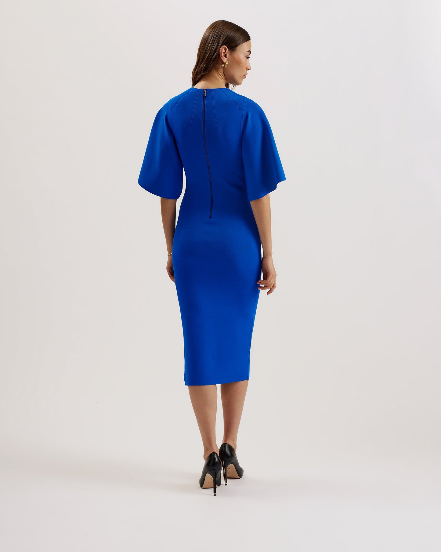 Women's Lounia-Fluted Sleeve Knit Bodycon Midi Dress Mid-Blue