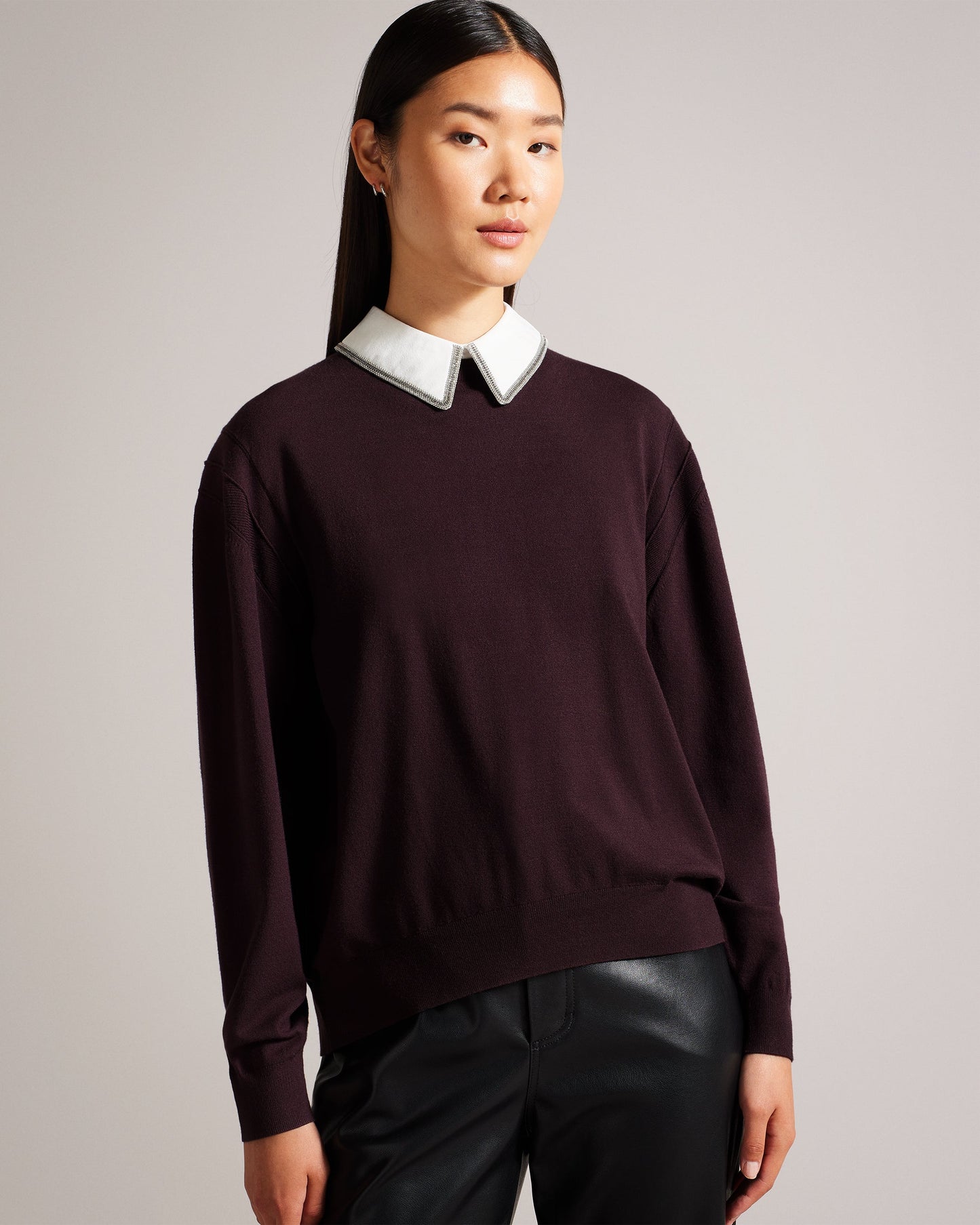 Women's Penniii-Mockable Sweater With Shirt Collar Dk-Brown