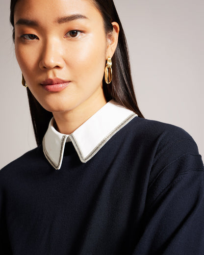 Women's Penniii-Mockable Sweater With Shirt Collar Navy