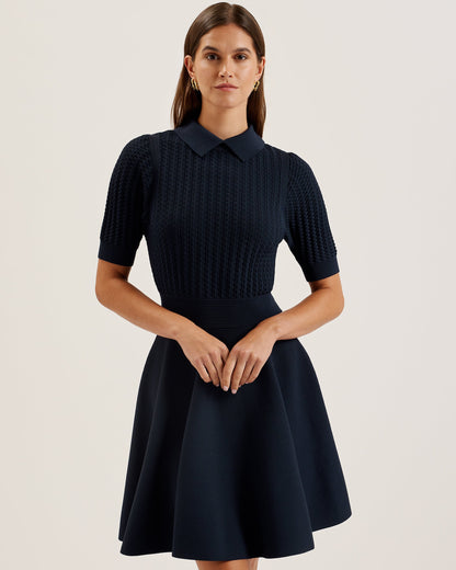 Women's Miiaaa-Knitted Skater Dress With Collar Navy