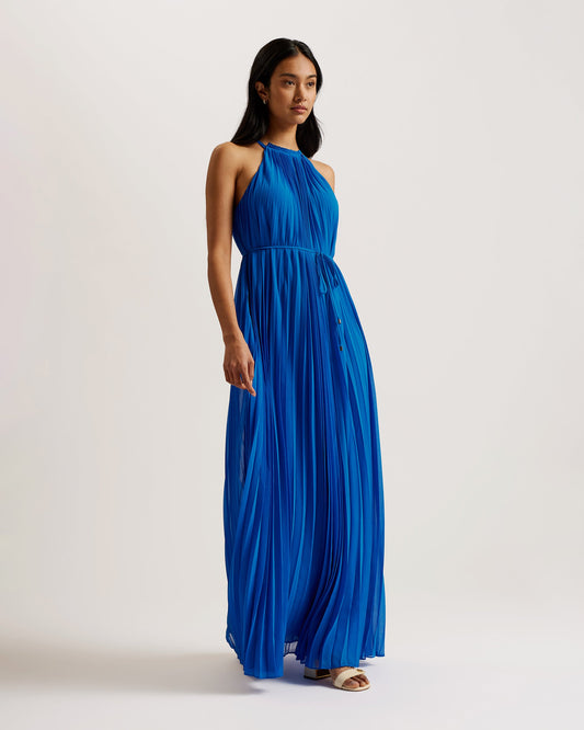 Women's HELYOS-Pleated Halter Neck Midi Dress Blue
