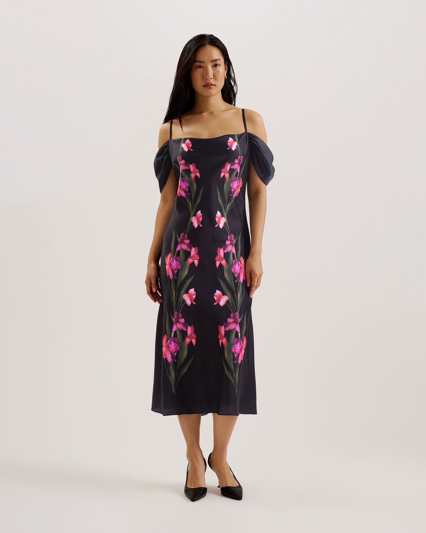 Women's LUCERN-Satin Off The Shoulder Midi Dress Black