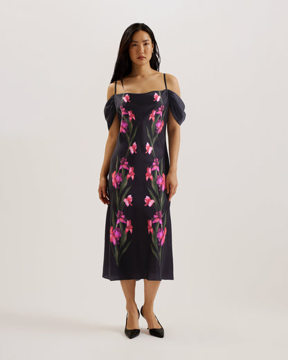 Women's LUCERN-Satin Off The Shoulder Midi Dress Black