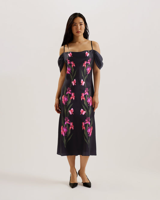 Women's LUCERN-Satin Off The Shoulder Midi Dress Black