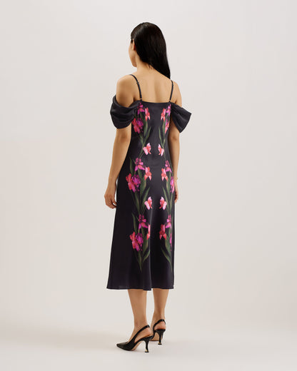 Women's LUCERN-Satin Off The Shoulder Midi Dress Black
