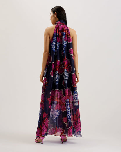 Women's Kinosei-Printed Organza Maxi Dress & Tie Dk-Blue