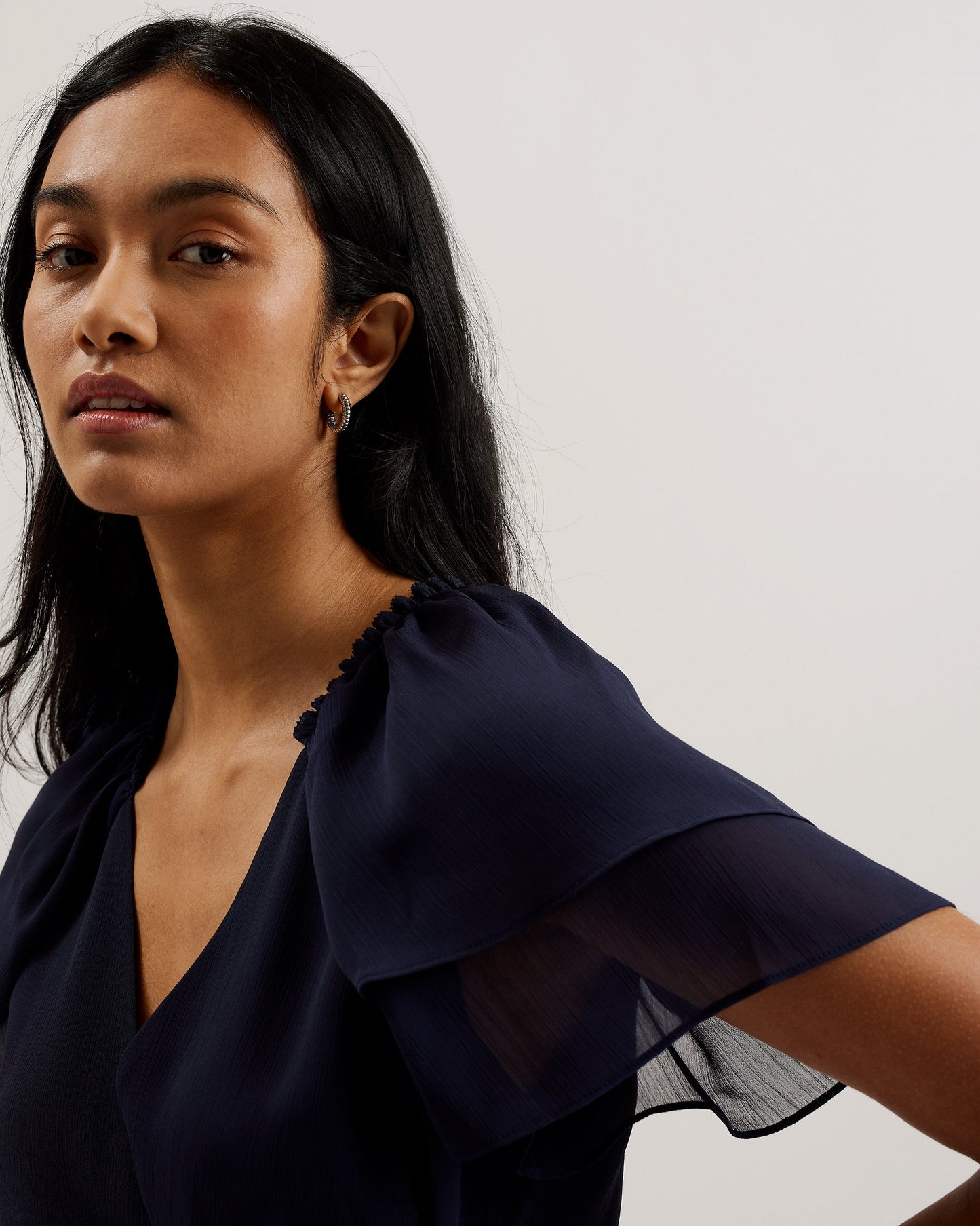 Women's Nobora-Short Sleeve Frill Detail Wrap Top Dk-Blue