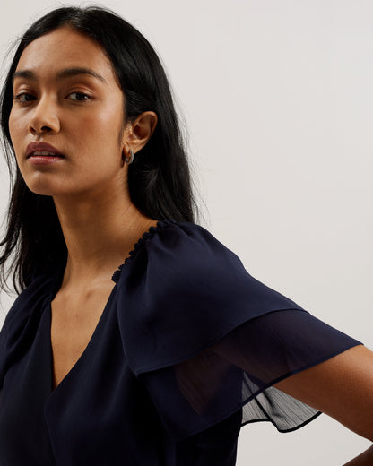 Women's Nobora-Short Sleeve Frill Detail Wrap Top Dk-Blue