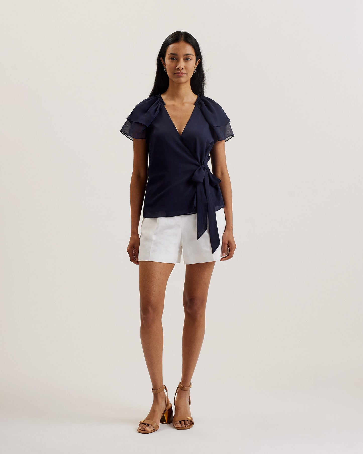 Women's Nobora-Short Sleeve Frill Detail Wrap Top Dk-Blue