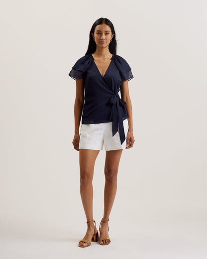 Women's Nobora-Short Sleeve Frill Detail Wrap Top Dk-Blue