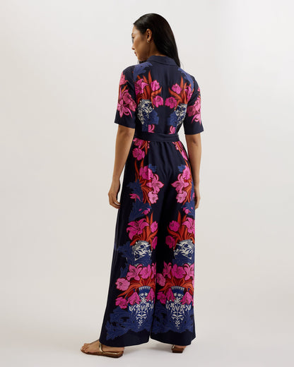 Women's Kimmyko-Open Collar Wide Leg Jumpsuit & Belt Dk-Blue