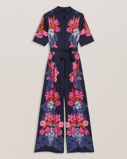 Women's Kimmyko-Open Collar Wide Leg Jumpsuit & Belt Dk-Blue