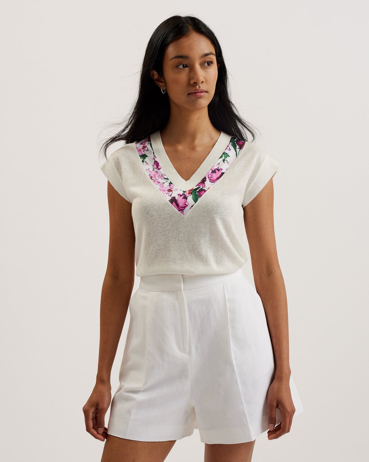Women's Phyllis-Short Sleeve Woven Trim Knit Top Ivory