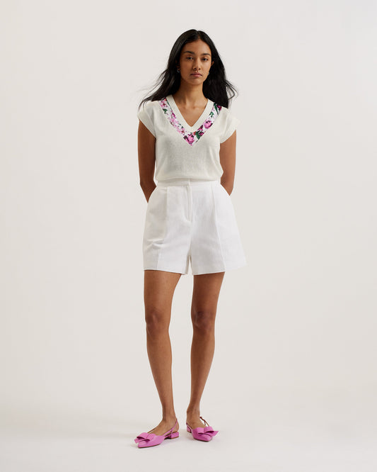 Women's Phyllis-Short Sleeve Woven Trim Knit Top Ivory