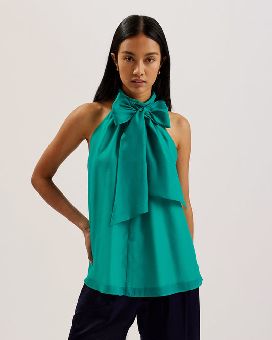 Women's Tejeda-Sheer Draped Top With Neck Tie Detail Brt-Green