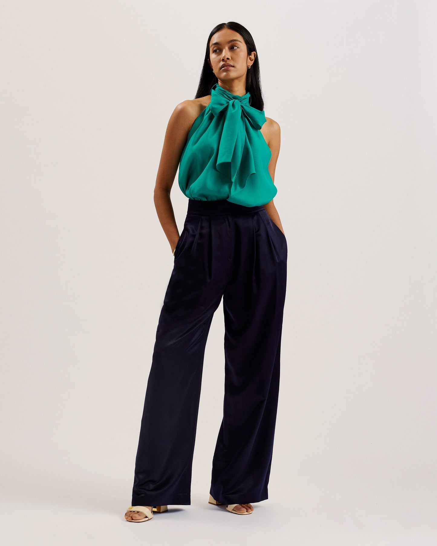 Women's Tejeda-Sheer Draped Top With Neck Tie Detail Brt-Green