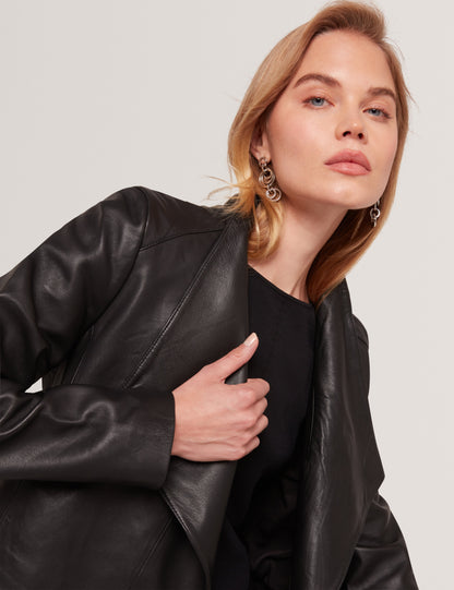 RIYOZE: Leather Cropped Wrap Jacket
