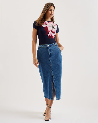 Women's Louannn-Printed Short Sleeve Fitted Tee Navy