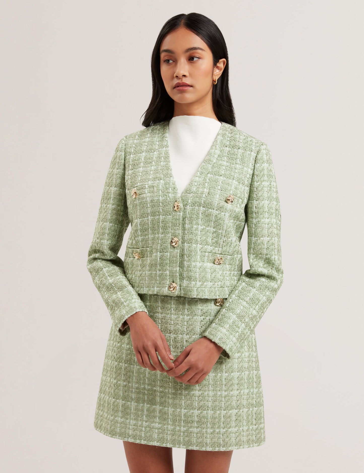 Women's KOMA-Rose Button Cropped Boucle Tailored Jack Lt-Green
