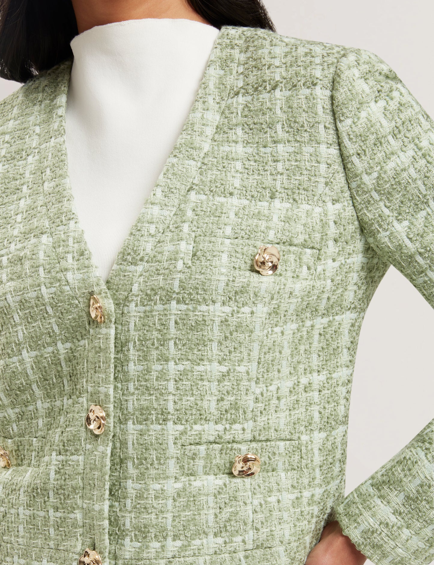 Women's KOMA-Rose Button Cropped Boucle Tailored Jack Lt-Green