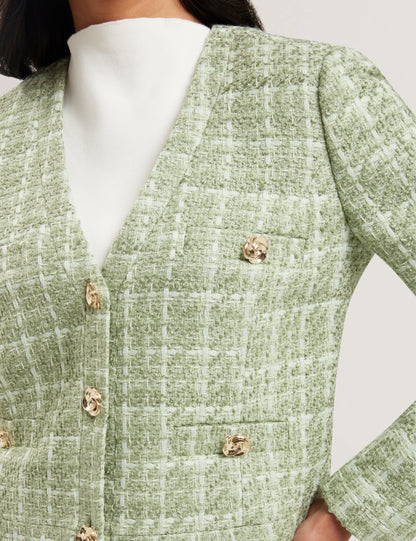 Women's KOMA-Rose Button Cropped Boucle Tailored Jack Lt-Green