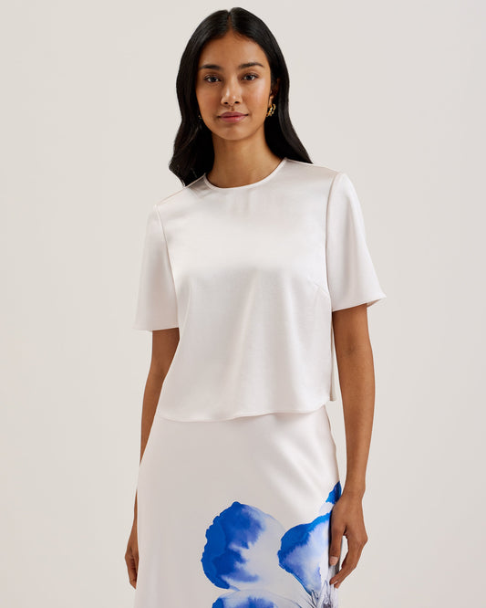 Women's Siroi-Short Sleeve Satin Crew Neck Top Ivory