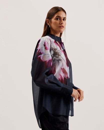 Women's Orrin-Printed Button Down Oversized Shirt Navy
