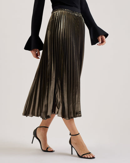 Women's Kese-Metallic Pleated Midi Skirt Gold