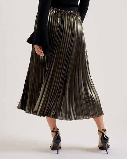 Women's Kese-Metallic Pleated Midi Skirt Gold