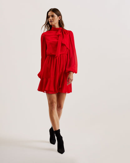 Women's Zebrina-Neck Tie Detail Long Sleeve Mini Red
