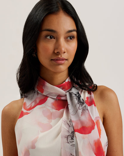 Women's Selino-Tie Neck Printed Midi Dress Ivory