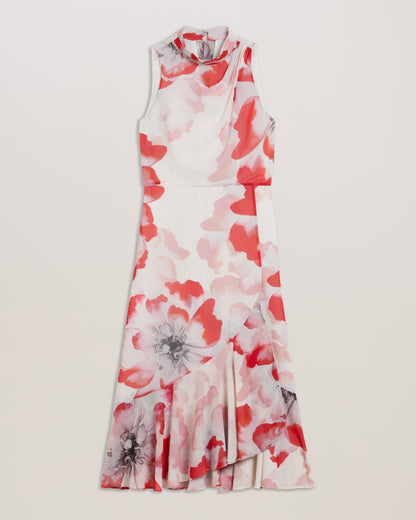 Women's Selino-Tie Neck Printed Midi Dress Ivory