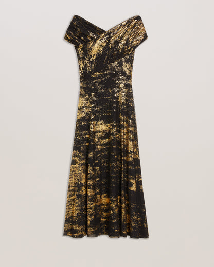Women's Serinha-Bardot Foil Printed Midi Dress Black