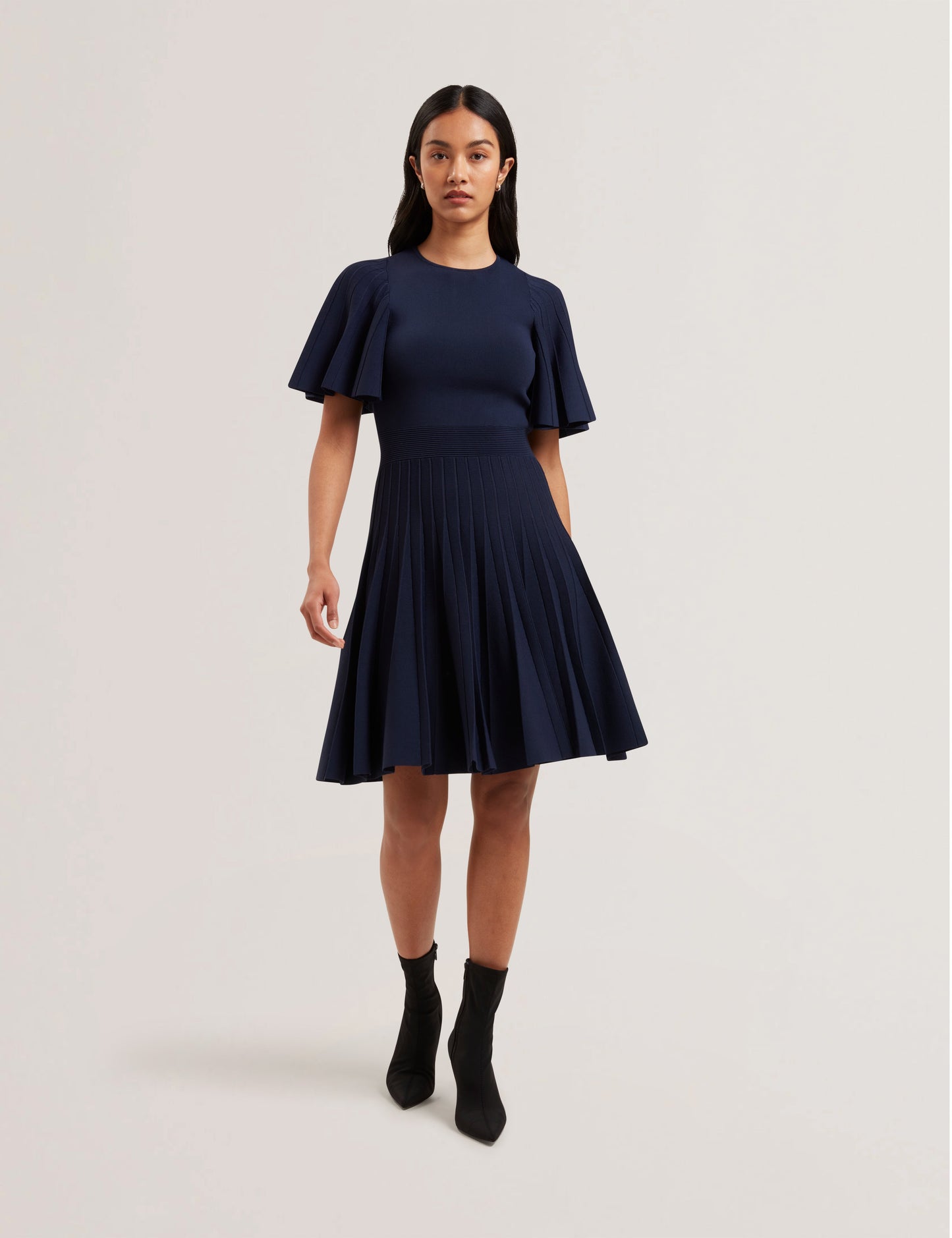 ALENHA: Knitted Angel Sleeve Mini Dress Navy
