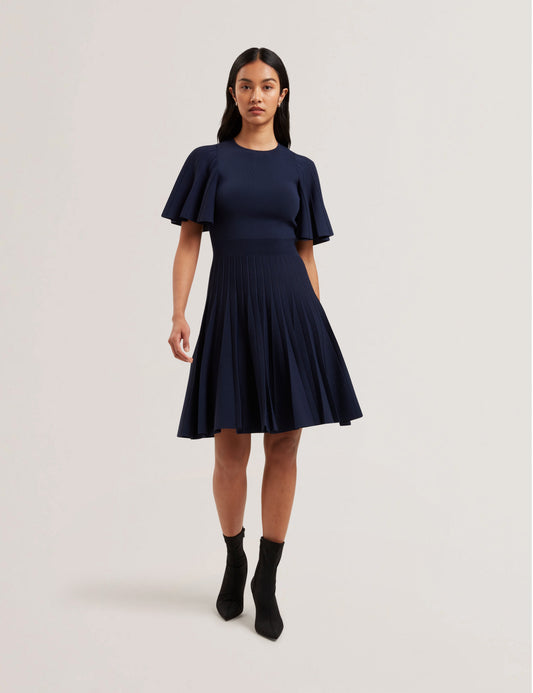 ALENHA: Knitted Angel Sleeve Mini Dress Navy