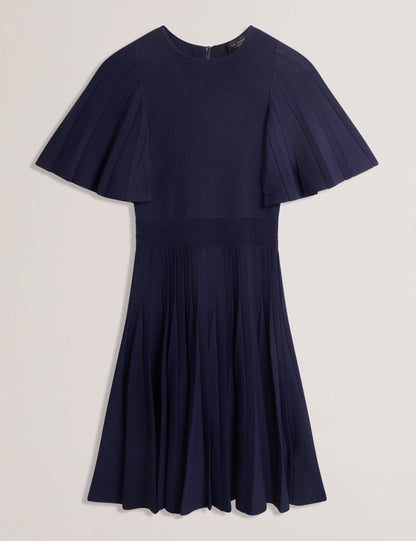 ALENHA: Knitted Angel Sleeve Mini Dress Navy
