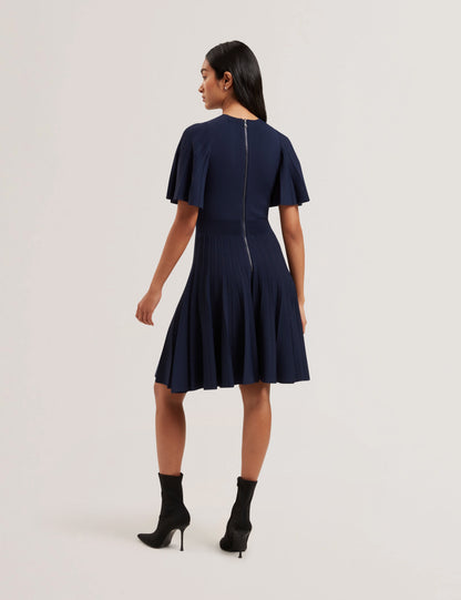 ALENHA: Knitted Angel Sleeve Mini Dress Navy