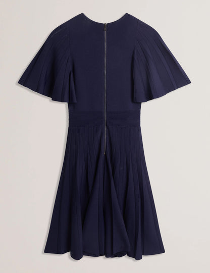 ALENHA: Knitted Angel Sleeve Mini Dress Navy