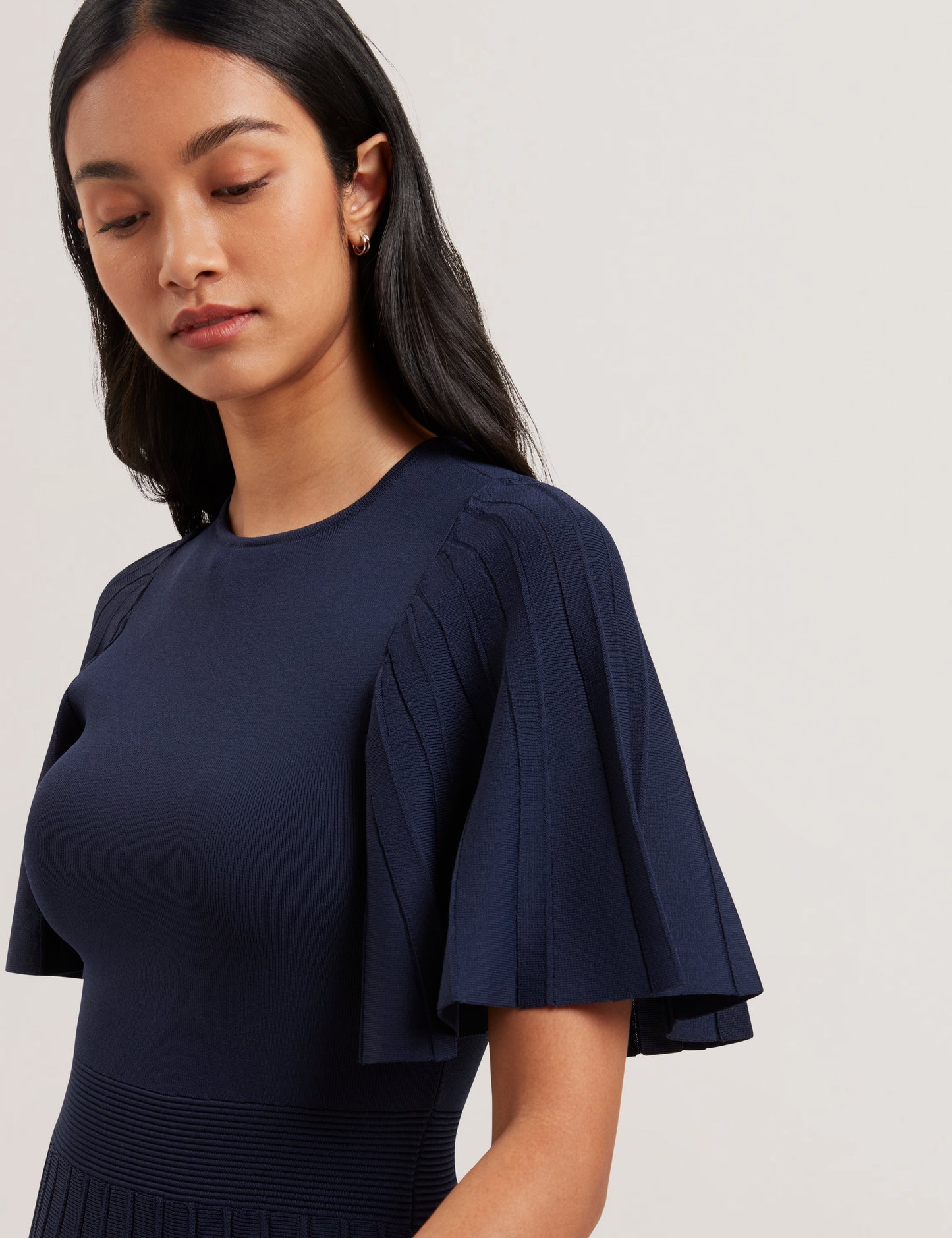 ALENHA: Knitted Angel Sleeve Mini Dress Navy