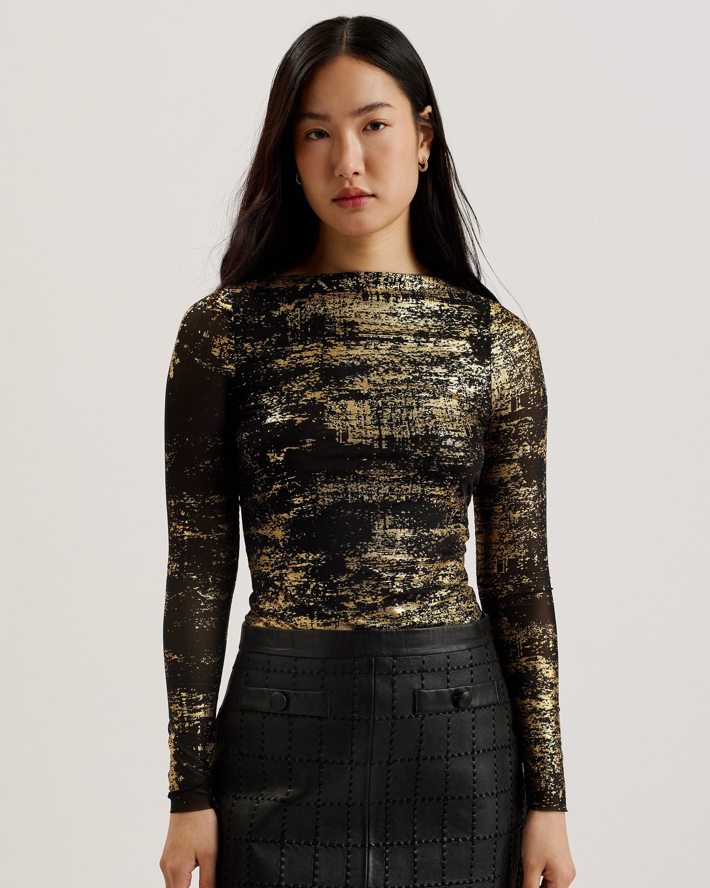 Women's Karenha-Foil Printed Skinny Fit Mesh Top Black