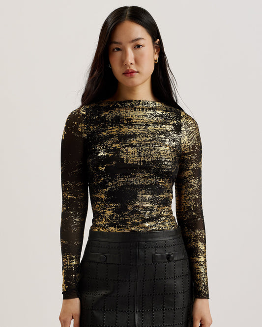 Women's Karenha-Foil Printed Skinny Fit Mesh Top Black