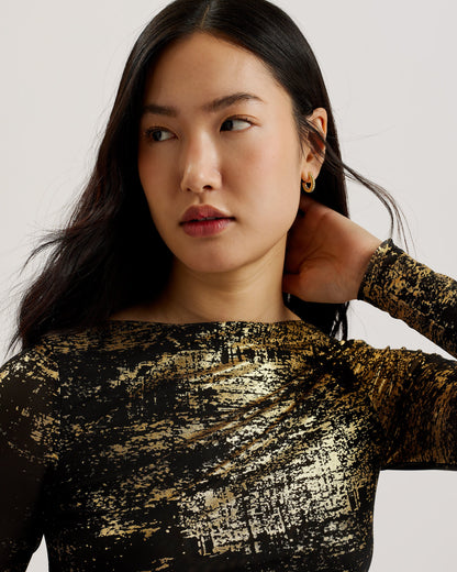 Women's Karenha-Foil Printed Skinny Fit Mesh Top Black
