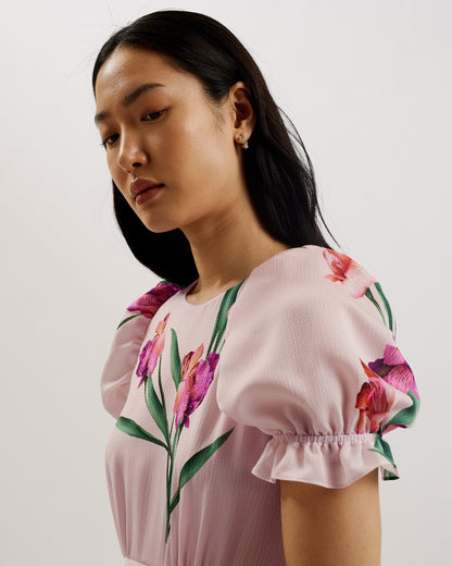 Women's Meriel-Midi Tea Dress With Puff Sleeves Lt-Pink