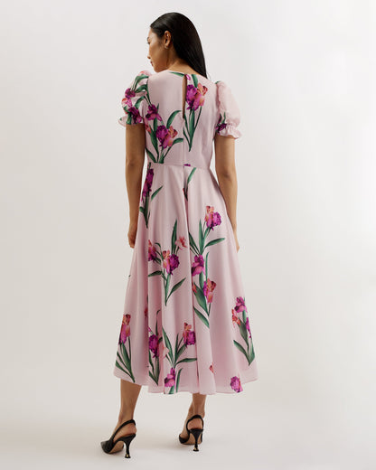 Women's Meriel-Midi Tea Dress With Puff Sleeves Lt-Pink