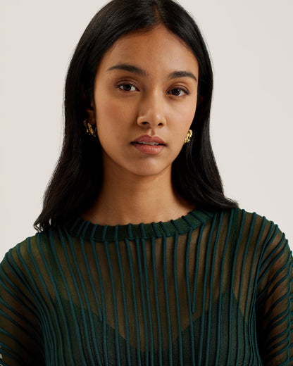 Women's Nellay-Sheer Striped Engineered Knit Sweater Dk-Green
