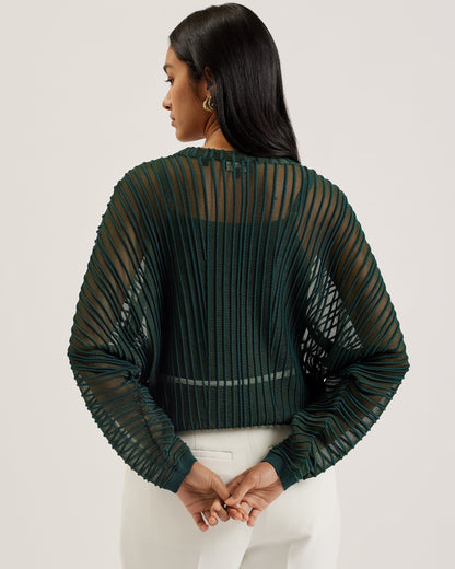 Women's Nellay-Sheer Striped Engineered Knit Sweater Dk-Green