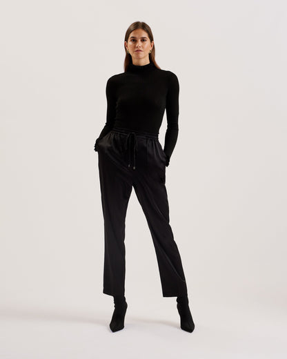 Women's Janittt-Rib Funnel Neck Frill Jumper Black